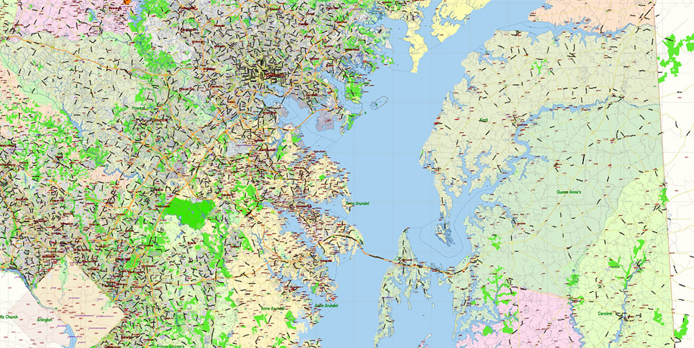Maryland State US Map Vector Extended Exact High Detailed Street Road Map + Counties + Zipcodes editable Adobe Illustrator in layers