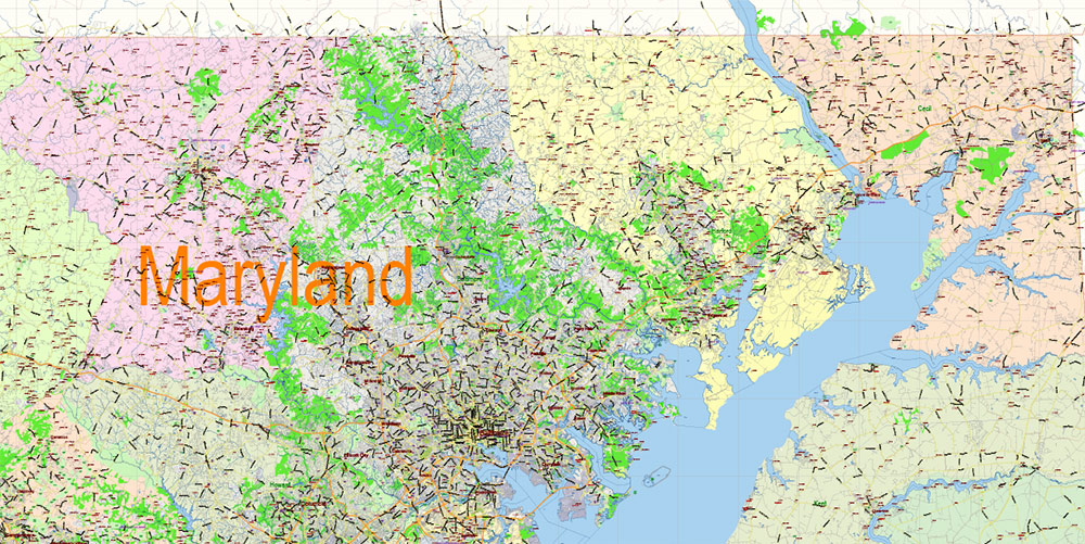 Maryland State US Map Vector Extended Exact High Detailed Street Road Map + Counties + Zipcodes editable Adobe Illustrator in layers