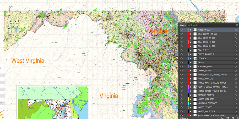 Maryland State US Map Vector Extended Exact High Detailed Street Road Map + Counties + Zipcodes editable Adobe Illustrator in layers