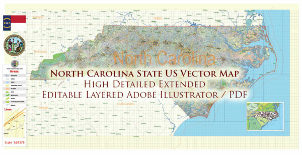 North Carolina State US Map Vector Exact Extended High Detailed Road Admin Map editable Adobe Illustrator in layers