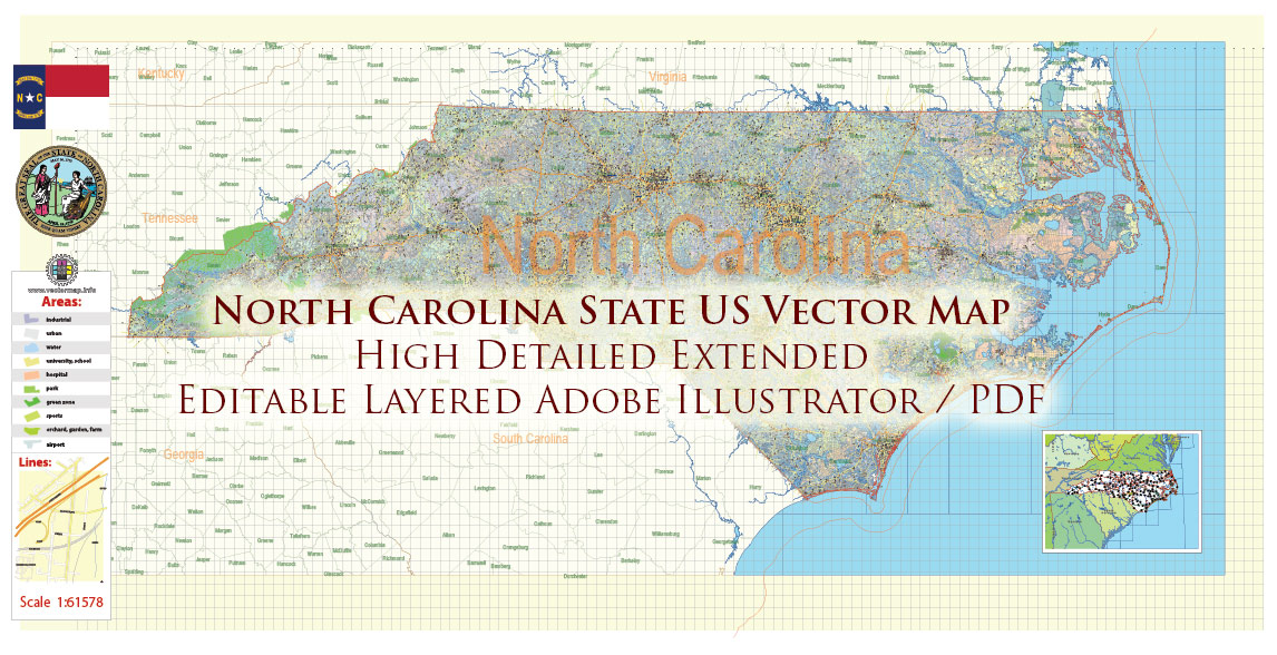 North Carolina State US Map Vector Exact Extended High Detailed Road Admin Map editable Adobe Illustrator in layers