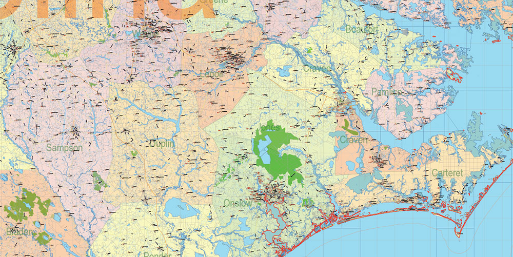 North Carolina State US Map Vector Exact Extended High Detailed Road Admin Map editable Adobe Illustrator in layers