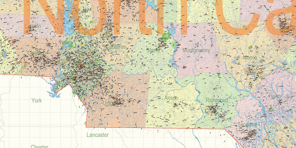 North Carolina State US Map Vector Exact Extended High Detailed Road Admin Map editable Adobe Illustrator in layers