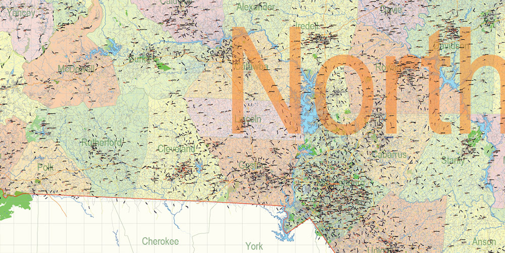 North Carolina State US Map Vector Exact Extended High Detailed Road Admin Map editable Adobe Illustrator in layers
