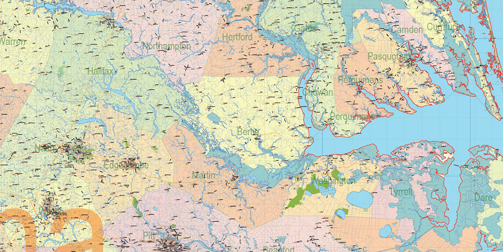 North Carolina State US Map Vector Exact Extended High Detailed Road Admin Map editable Adobe Illustrator in layers