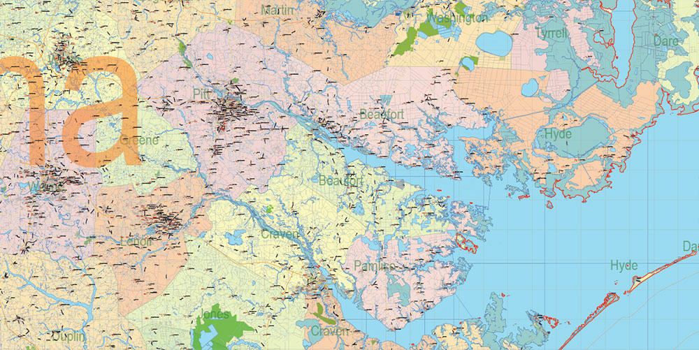 North Carolina State US Map Vector Exact Extended High Detailed Road Admin Map editable Adobe Illustrator in layers