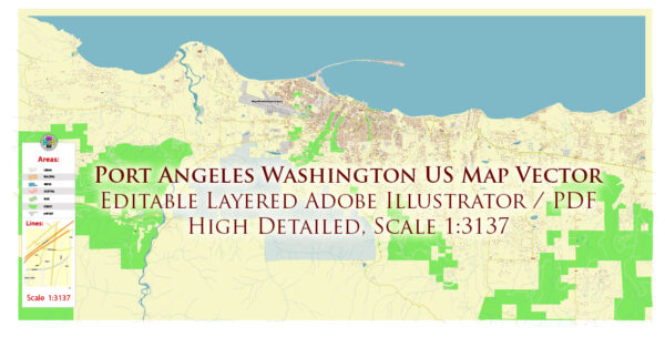 Port Angeles Washington USA Map Vector Exact City Plan High Detailed Street Map editable Adobe Illustrator in layers