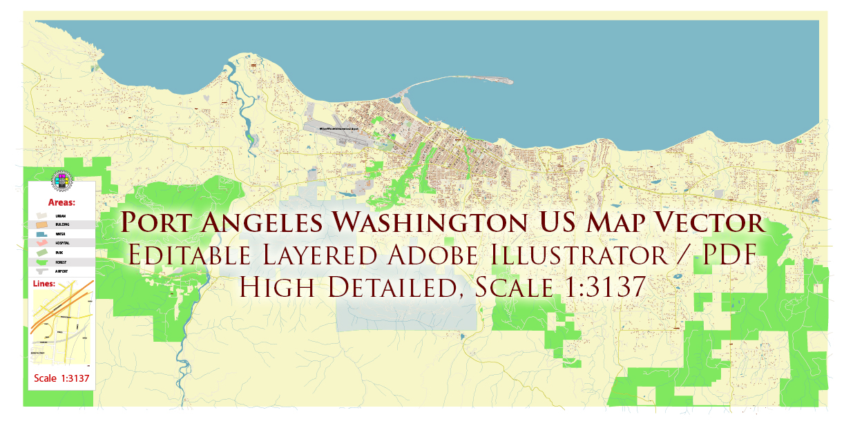 Port Angeles Washington USA Map Vector Exact City Plan High Detailed Street Map editable Adobe Illustrator in layers