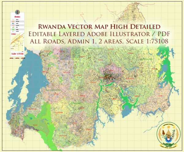 Rwanda Vector Map high detailed road map + admin areas 1, 2, + cities and water objects editable Layered Adobe Illustrator Editable, printable maps of Rwanda, Africa, Adobe Illustrator, PDF and other formats