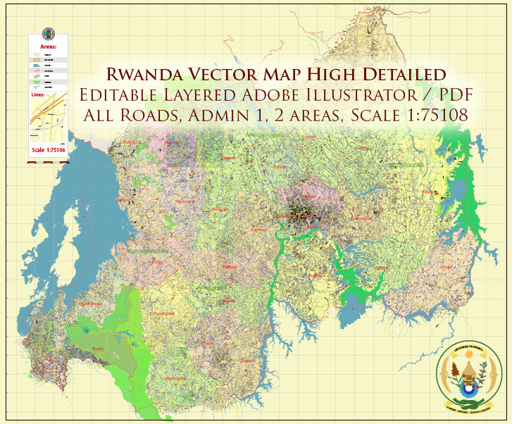 Editable, printable maps of Rwanda, Africa, Adobe Illustrator, PDF and other formats