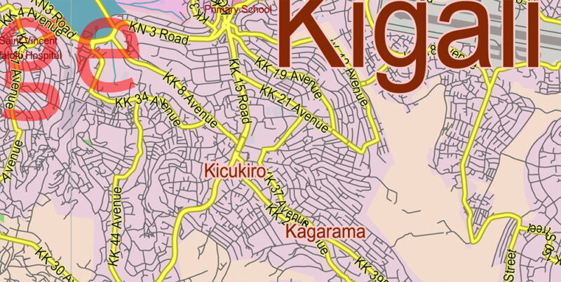 Rwanda PDF Vector Map high detailed road map + admin areas 1, 2 ...
