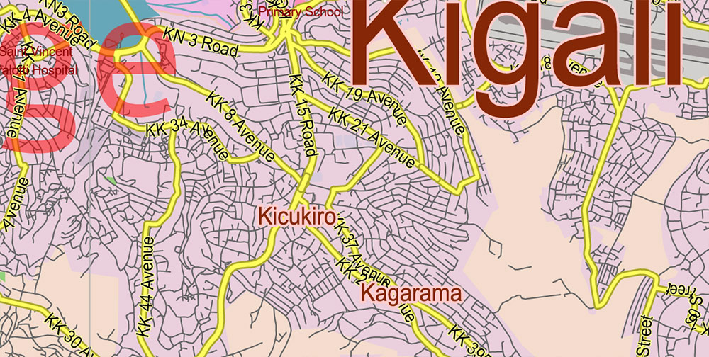 Rwanda Vector Map high detailed road map + admin areas 1, 2, + cities and water objects editable Layered Adobe Illustrator