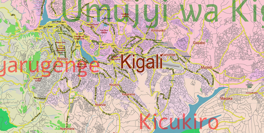 Rwanda Vector Map high detailed road map + admin areas 1, 2, + cities and water objects editable Layered Adobe Illustrator