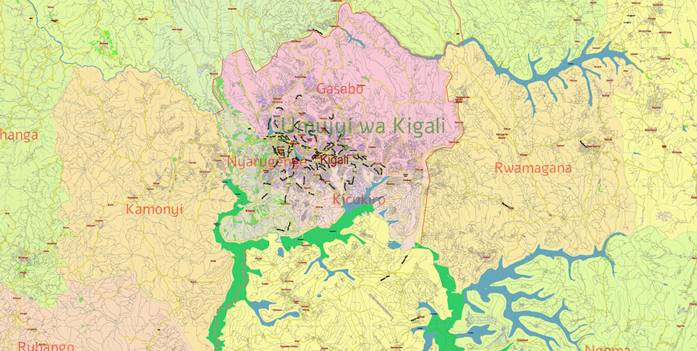 Rwanda Vector Map high detailed road map + admin areas 1, 2, + cities and water objects editable Layered Adobe Illustrator