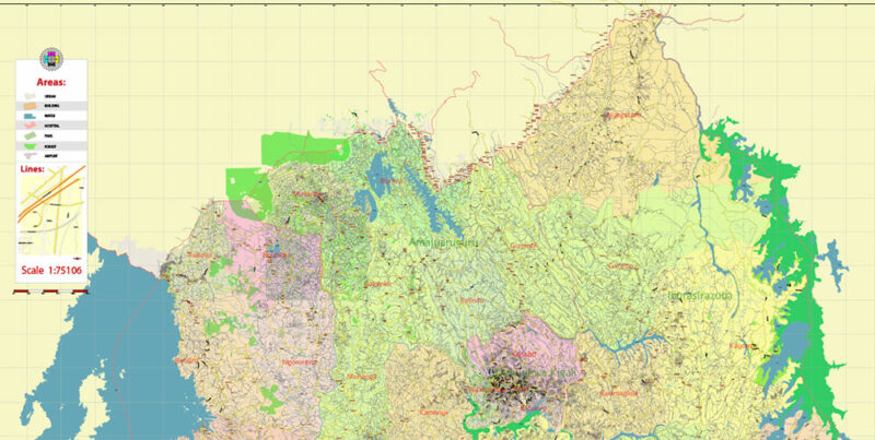 Rwanda PDF Vector Map high detailed road map + admin areas 1, 2 ...