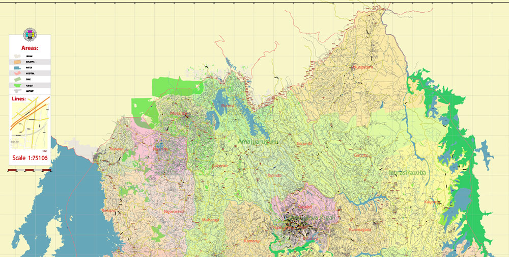 Rwanda Vector Map high detailed road map + admin areas 1, 2, + cities and water objects editable Layered Adobe Illustrator