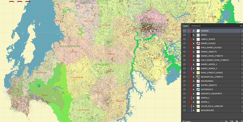 Rwanda Vector Map high detailed road map + admin areas 1, 2, + cities and water objects editable Layered Adobe Illustrator