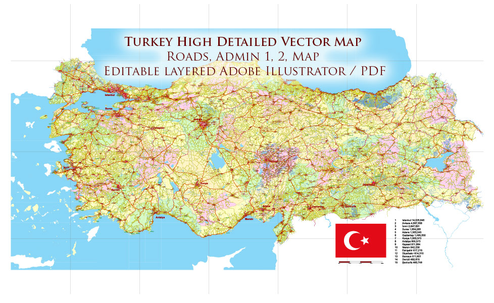 Turkey Vector Map high detailed road map + admin areas 1, 2, + cities and water objects editable Layered Adobe Illustrator