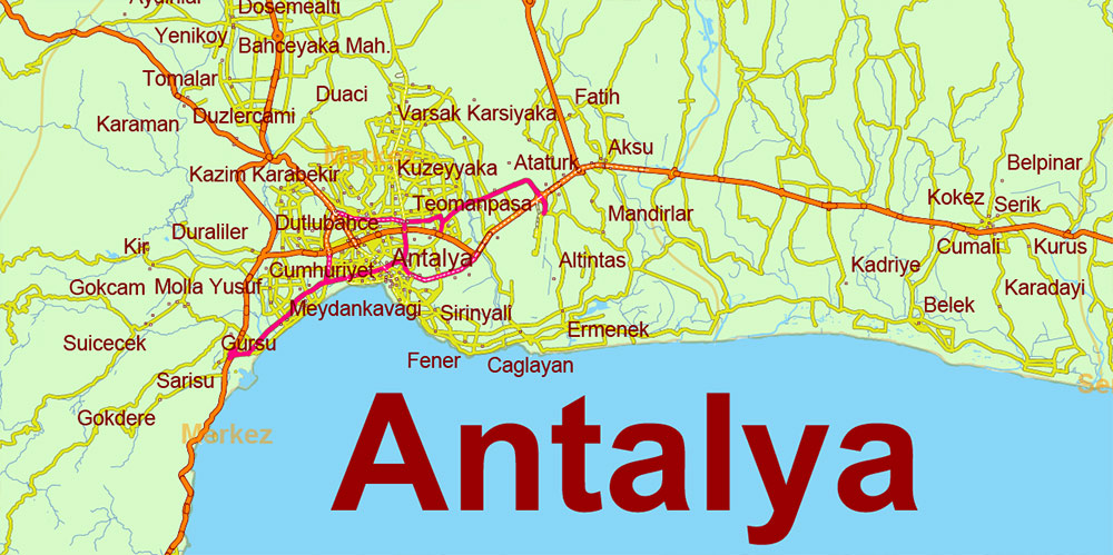 Turkey Vector Map high detailed road map + admin areas 1, 2, + cities and water objects editable Layered Adobe Illustrator