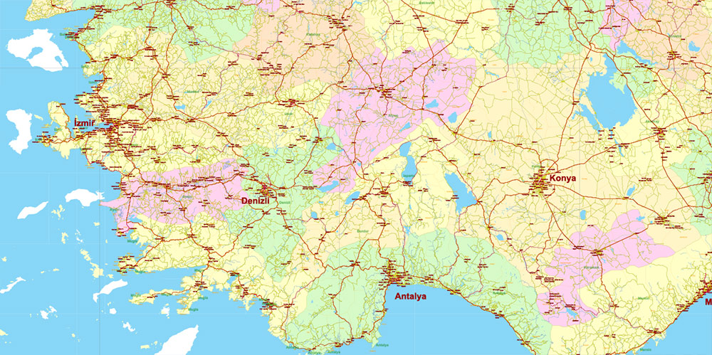 Turkey Vector Map high detailed road map + admin areas 1, 2, + cities and water objects editable Layered Adobe Illustrator