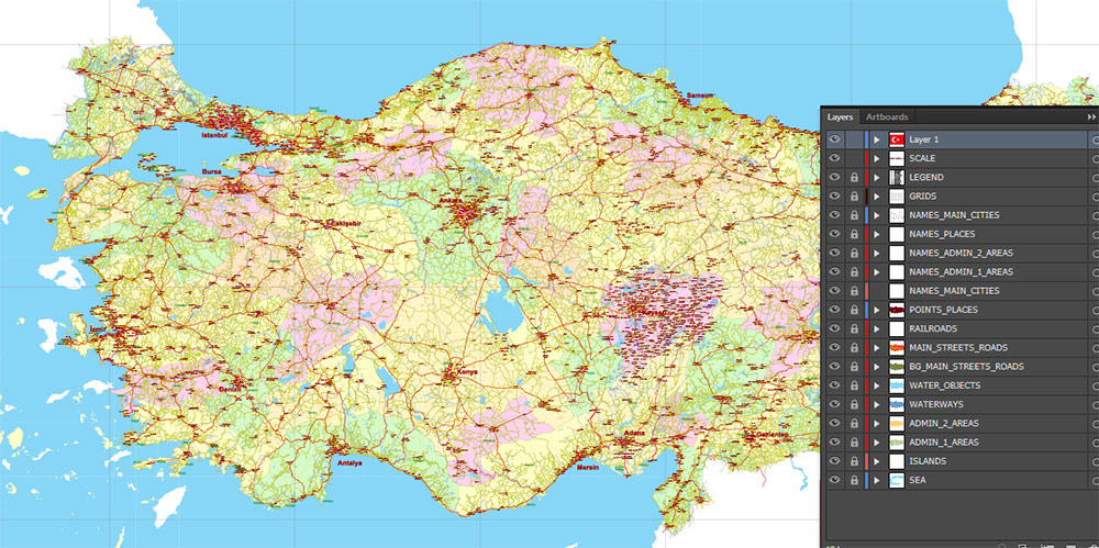 Turkey Vector Map high detailed road map + admin areas 1, 2, + cities and water objects editable Layered Adobe Illustrator