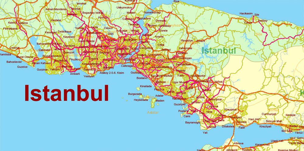 Turkey Vector Map high detailed road map + admin areas 1, 2, + cities and water objects editable Layered Adobe Illustrator