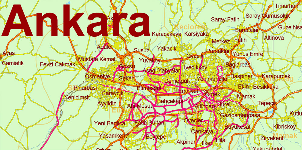 Turkey Vector Map high detailed road map + admin areas 1, 2, + cities and water objects editable Layered Adobe Illustrator