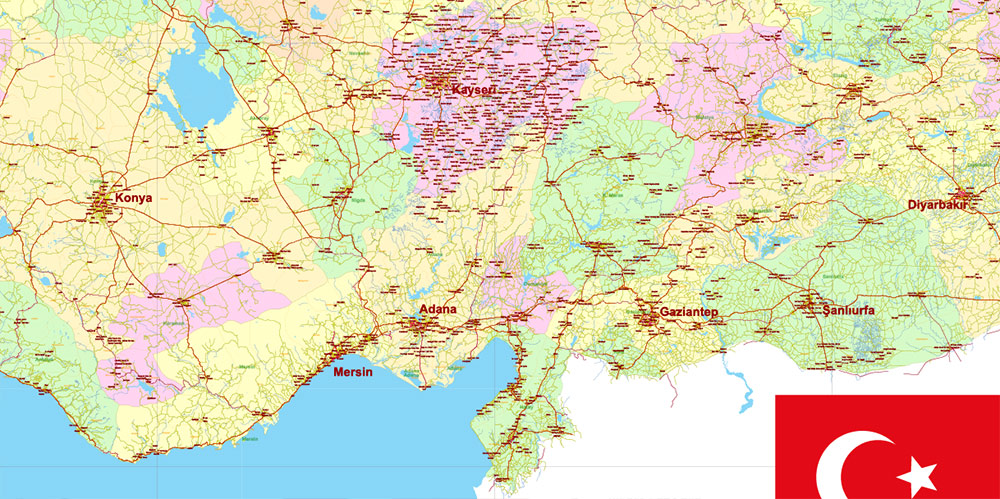 Turkey Vector Map high detailed road map + admin areas 1, 2, + cities and water objects editable Layered Adobe Illustrator