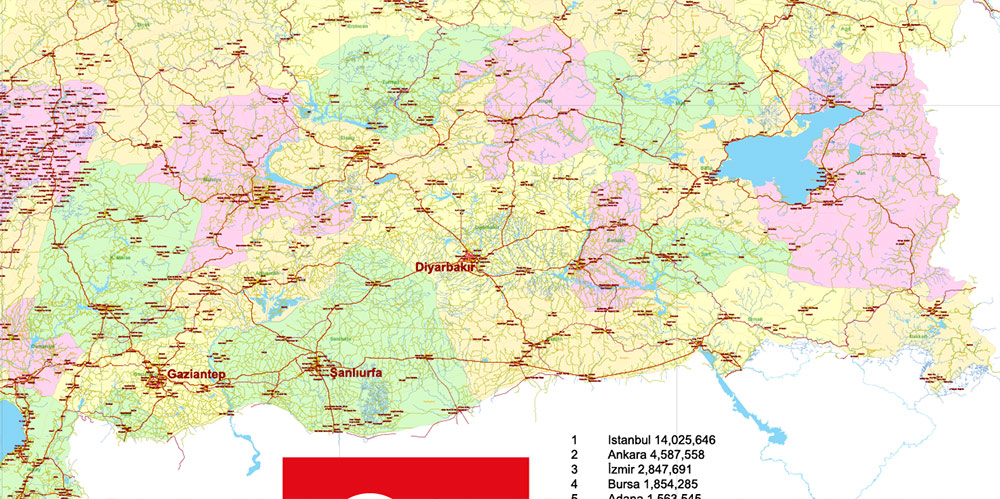 Turkey Vector Map high detailed road map + admin areas 1, 2, + cities and water objects editable Layered Adobe Illustrator