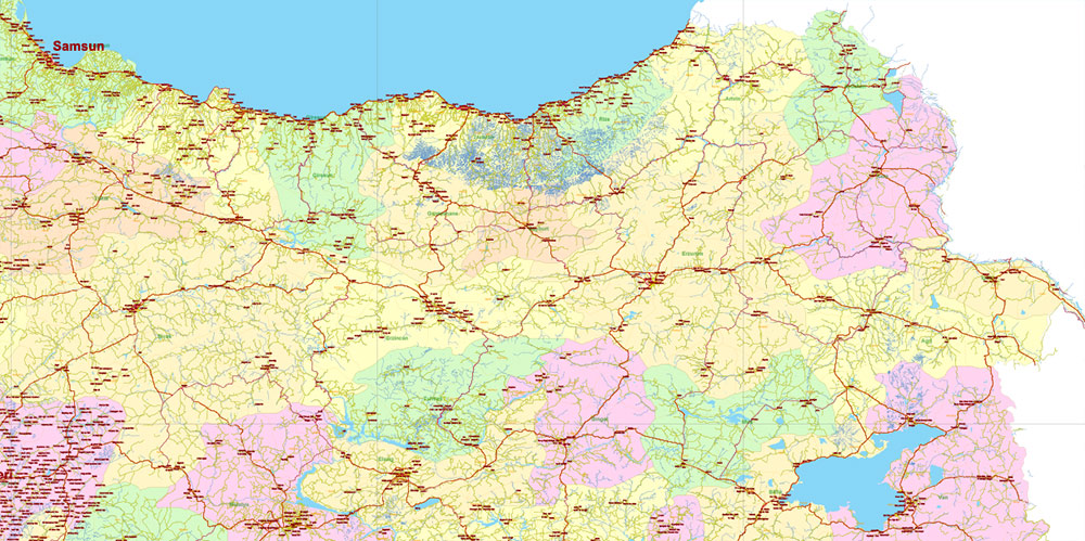 Turkey Vector Map high detailed road map + admin areas 1, 2, + cities and water objects editable Layered Adobe Illustrator