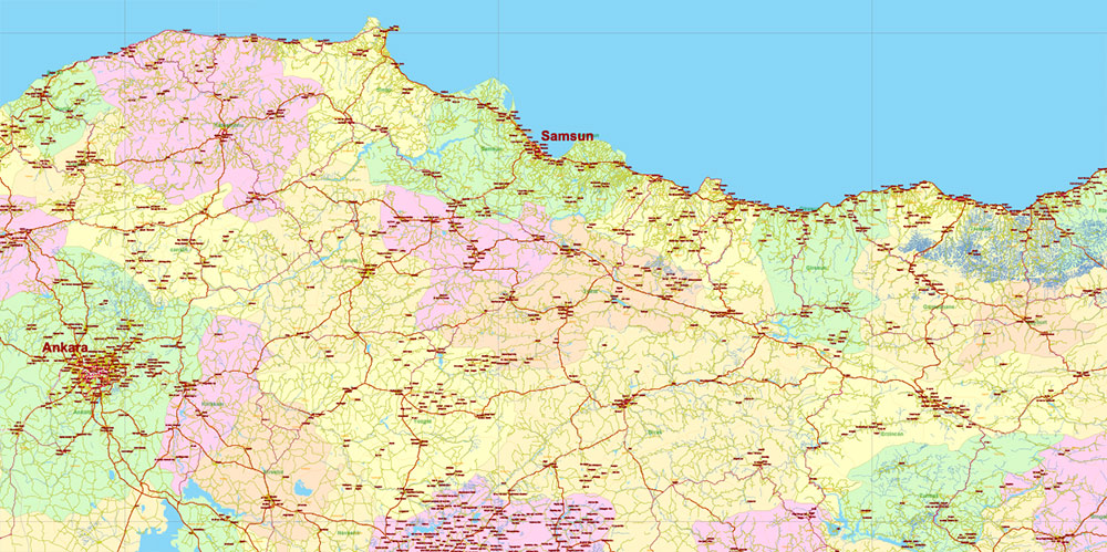 Turkey Vector Map high detailed road map + admin areas 1, 2, + cities and water objects editable Layered Adobe Illustrator