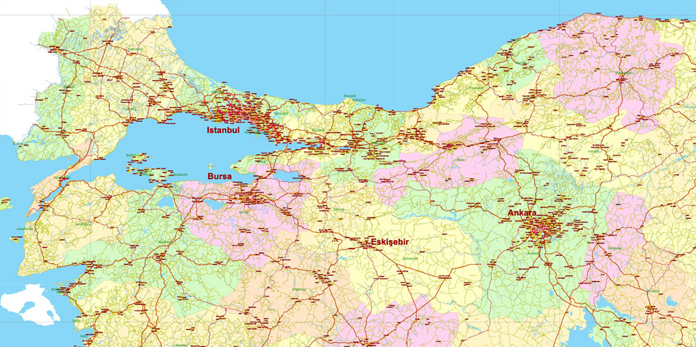 Turkey Vector Map high detailed road map + admin areas 1, 2, + cities and water objects editable Layered Adobe Illustrator