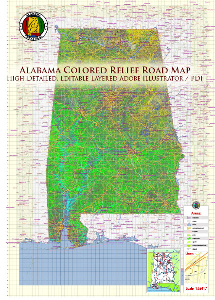 Alabama State US Map Vector Exact Colored Reliaf and Roads High Detailed Map + Counties + Zipcodes editable Adobe Illustrator in layers
