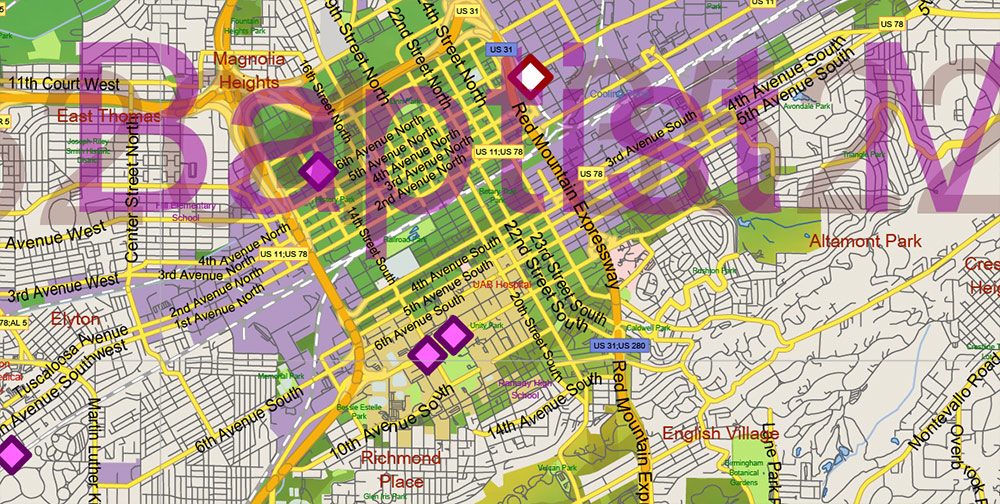 Alabama State US Map Vector Exact Colored Reliaf and Roads High Detailed Map + Counties + Zipcodes editable Adobe Illustrator in layers