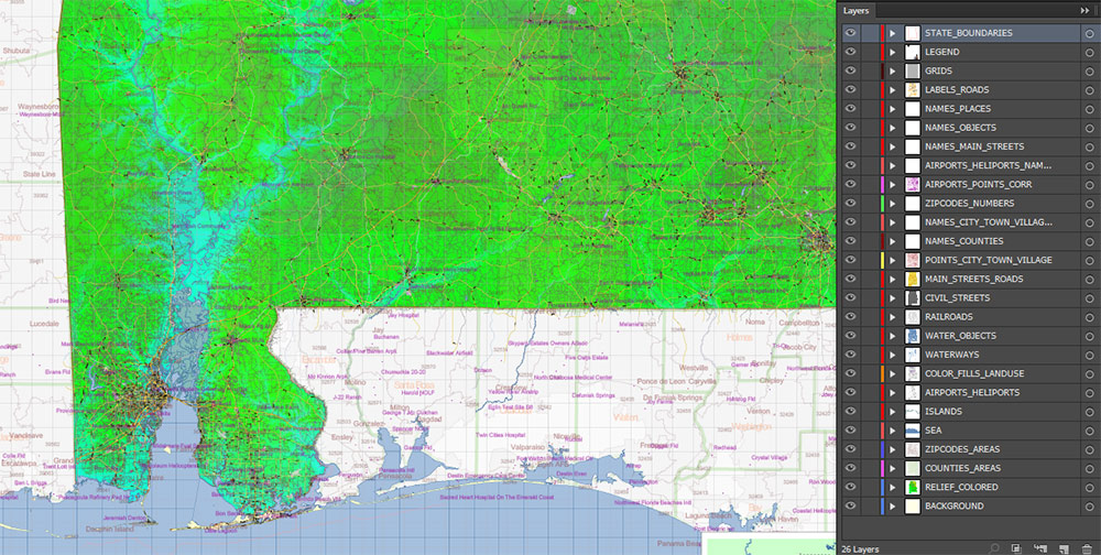Alabama State US Map Vector Exact Colored Reliaf and Roads High Detailed Map + Counties + Zipcodes editable Adobe Illustrator in layers