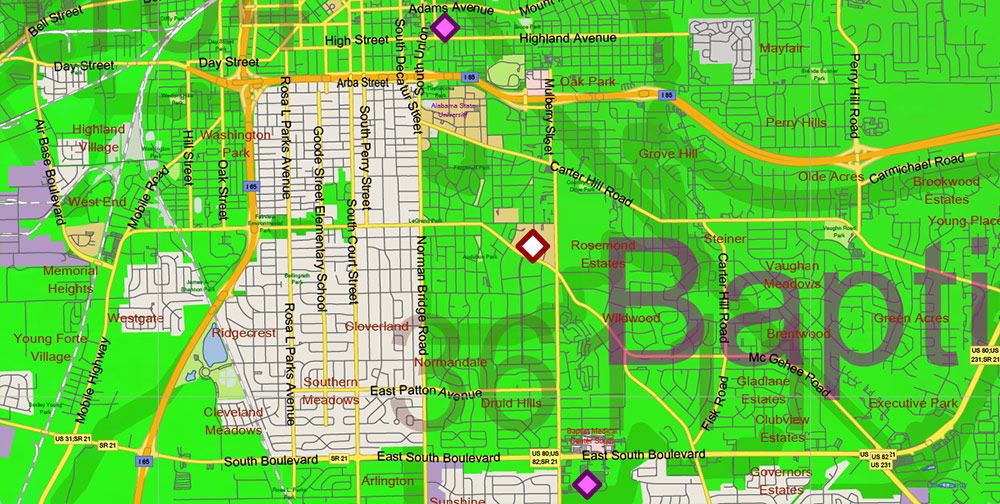 Alabama State US Map Vector Exact Colored Reliaf and Roads High Detailed Map + Counties + Zipcodes editable Adobe Illustrator in layers