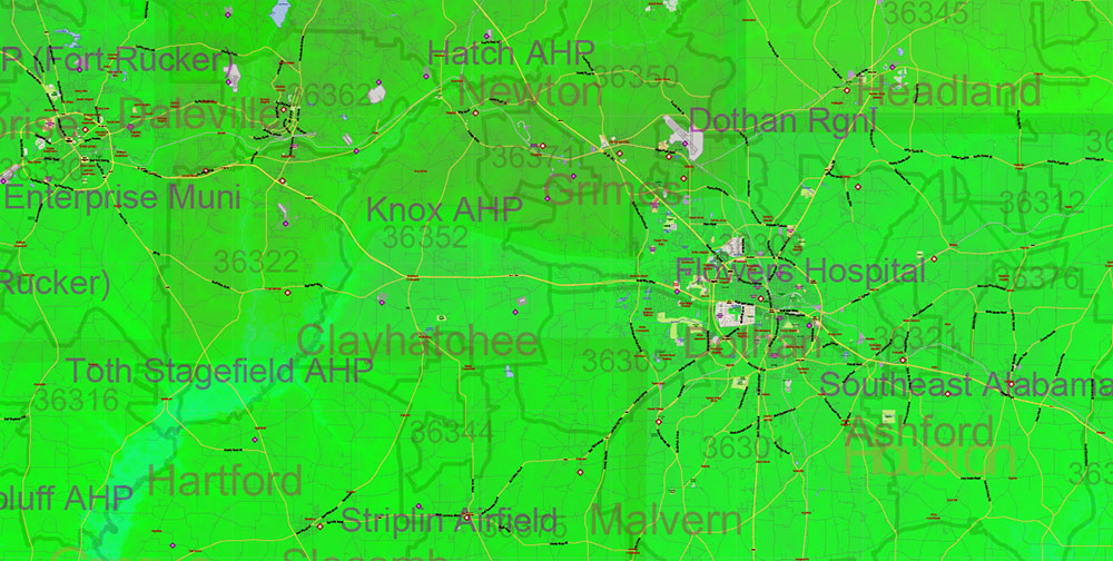 Alabama State US Map Vector Exact Colored Reliaf and Roads High Detailed Map + Counties + Zipcodes editable Adobe Illustrator in layers