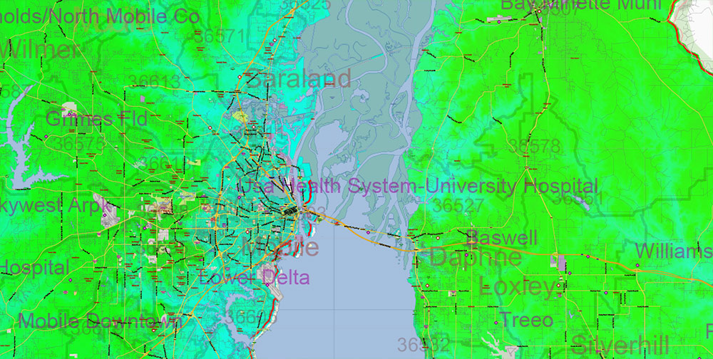 Alabama State US Map Vector Exact Colored Reliaf and Roads High Detailed Map + Counties + Zipcodes editable Adobe Illustrator in layers