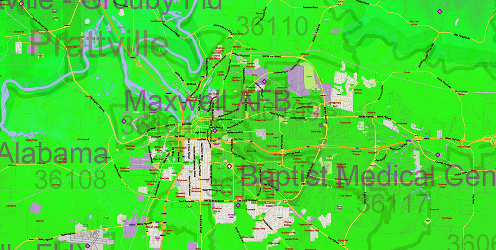Alabama State US Map Vector Exact Colored Reliaf and Roads High Detailed Map + Counties + Zipcodes editable Adobe Illustrator in layers
