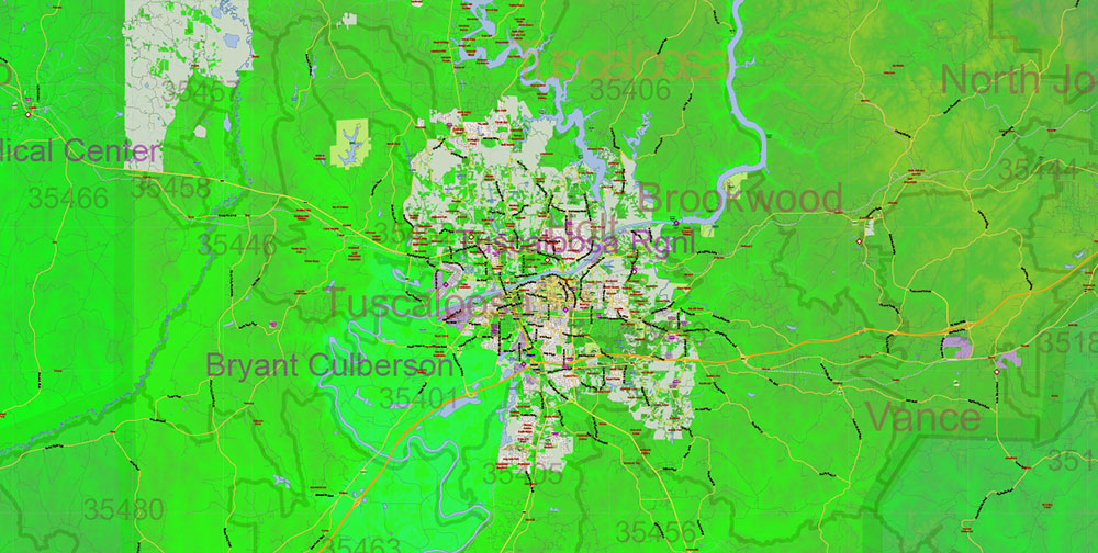 Alabama State US Map Vector Exact Colored Reliaf and Roads High Detailed Map + Counties + Zipcodes editable Adobe Illustrator in layers