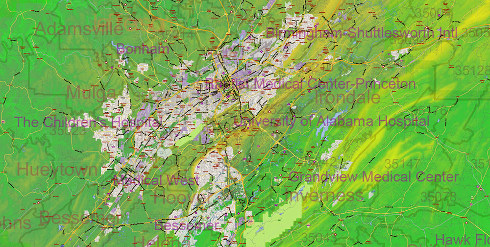 Alabama State US Map Vector Exact Colored Reliaf and Roads High Detailed Map + Counties + Zipcodes editable Adobe Illustrator in layers