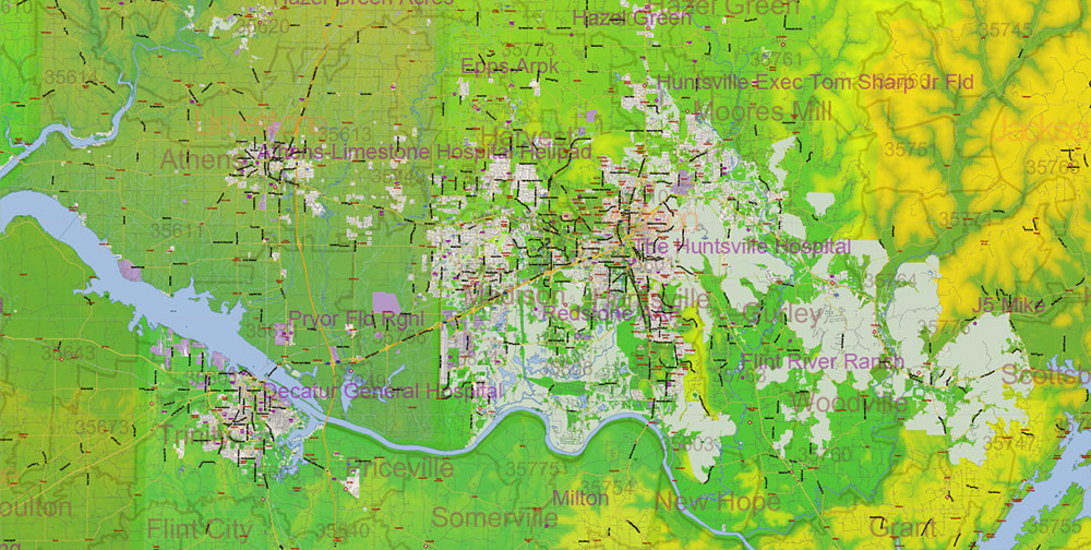 Alabama State US Map Vector Exact Colored Reliaf and Roads High Detailed Map + Counties + Zipcodes editable Adobe Illustrator in layers