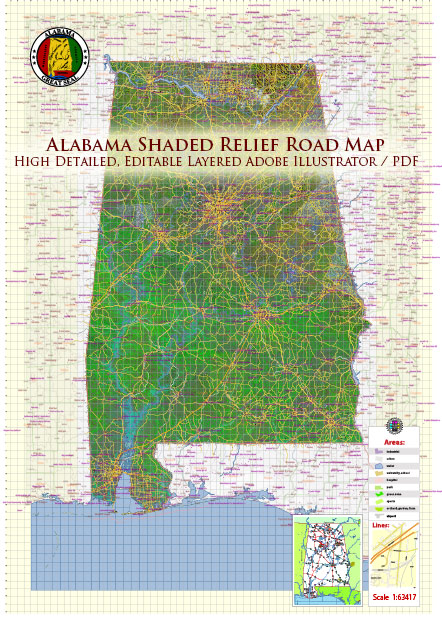 Alabama State US Map Vector Exact Shaded Reliaf and Roads High Detailed Map + Counties + Zipcodes editable Adobe Illustrator in layers