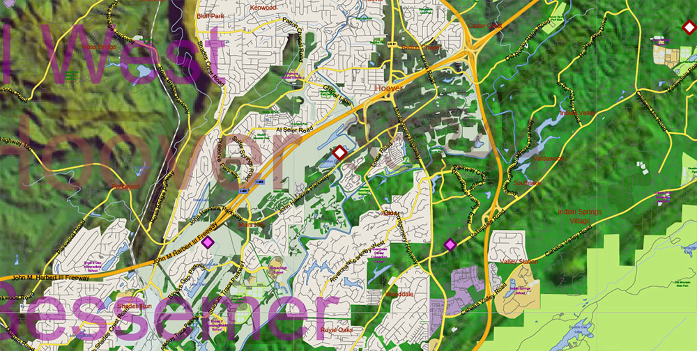 Alabama State US Map Vector Exact Shaded Reliaf and Roads High Detailed Map + Counties + Zipcodes editable Adobe Illustrator in layers
