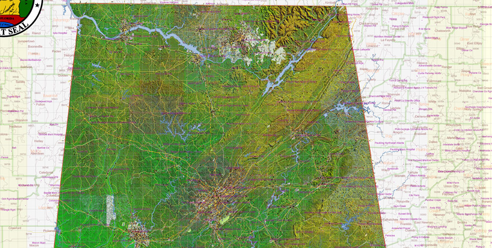 Alabama State US Map Vector Exact Shaded Reliaf and Roads High Detailed Map + Counties + Zipcodes editable Adobe Illustrator in layers