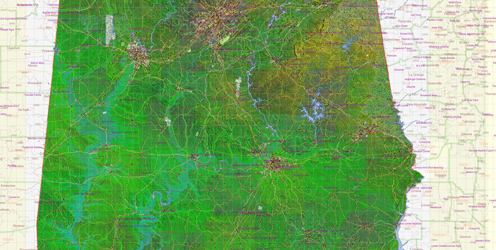 Alabama State US Map Vector Exact Shaded Reliaf and Roads High Detailed Map + Counties + Zipcodes editable Adobe Illustrator in layers