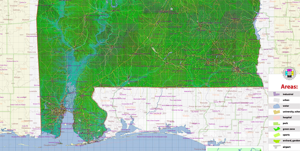 Alabama State US Map Vector Exact Shaded Reliaf and Roads High Detailed Map + Counties + Zipcodes editable Adobe Illustrator in layers