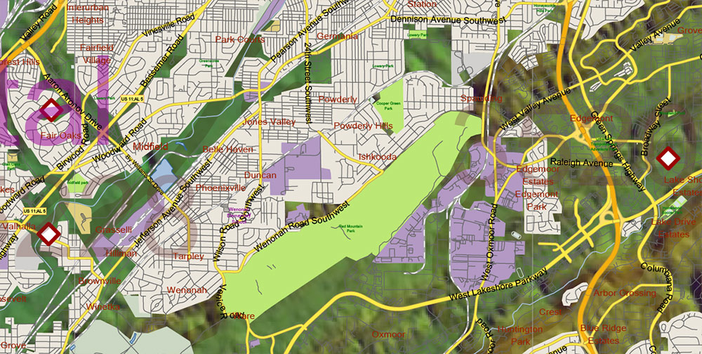 Alabama State US Map Vector Exact Shaded Reliaf and Roads High Detailed Map + Counties + Zipcodes editable Adobe Illustrator in layers
