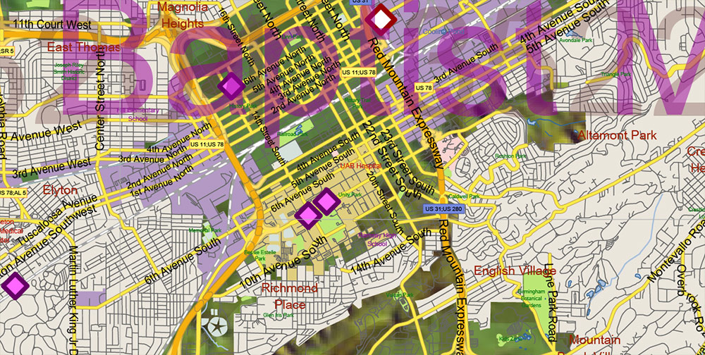 Alabama State US Map Vector Exact Shaded Reliaf and Roads High Detailed Map + Counties + Zipcodes editable Adobe Illustrator in layers