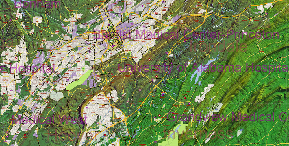 _Alabama State US Map Vector Exact Shaded Reliaf and Roads High Detailed Map + Counties + Zipcodes editable Adobe Illustrator in layers
